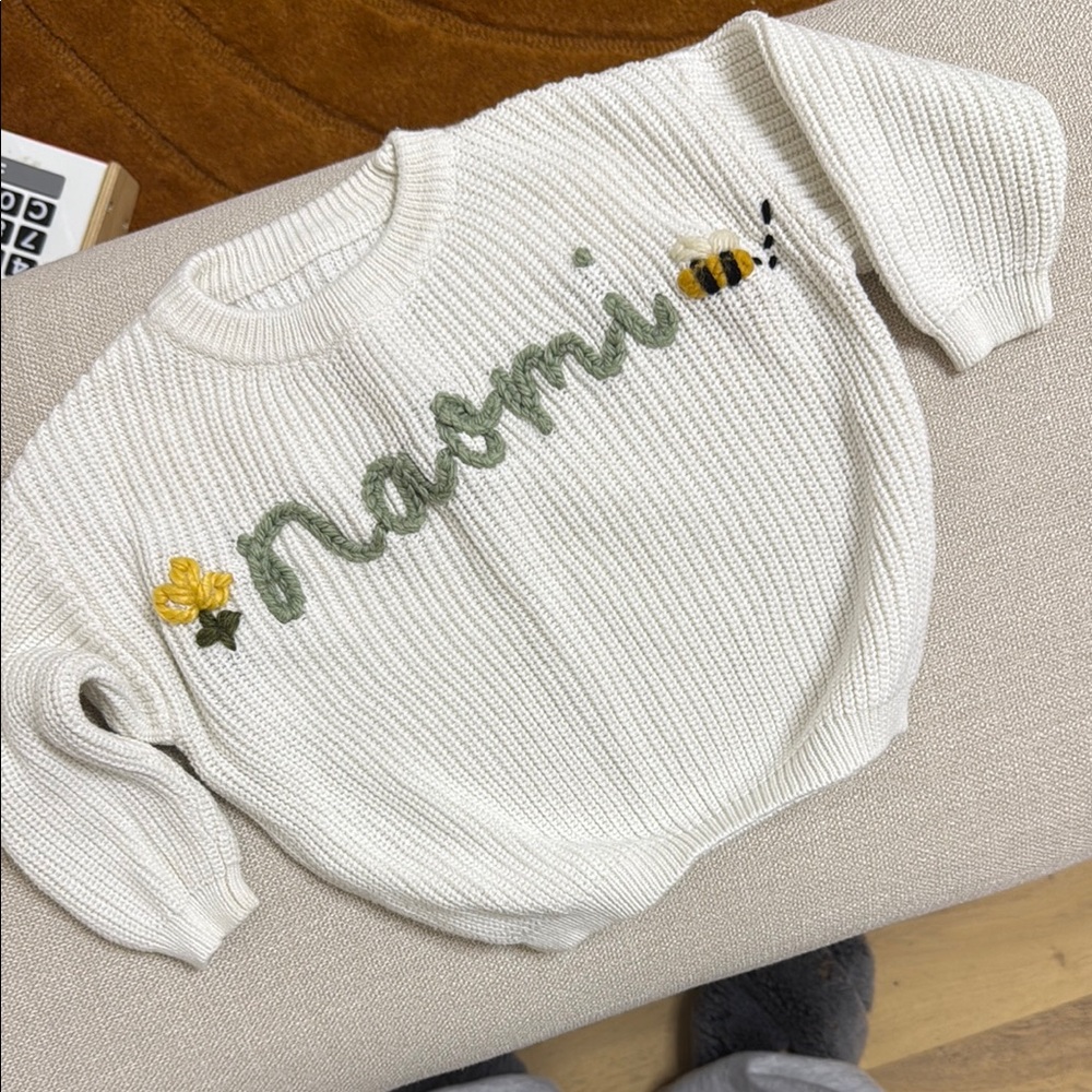 Cream Knit Sweater with Green and Yellow Embroidery